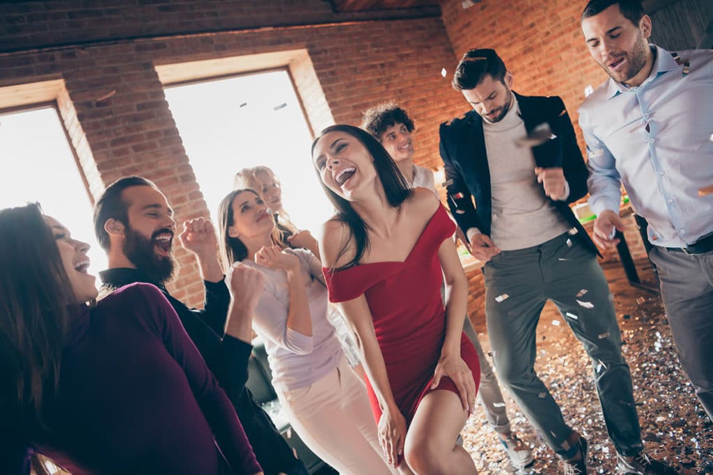 sober new years eve, group of well dressed people celebrating